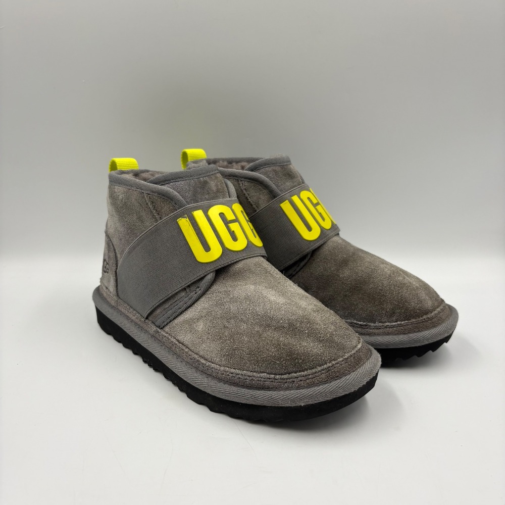 UGG Neumel Logo Kids Size 1 Grey Neon Yellow Good Suede Elastic Strap Boots